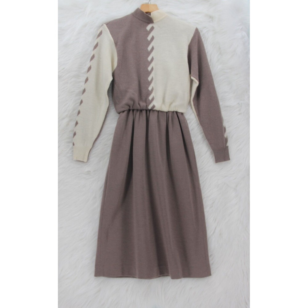 Vintage Ciao Ltd. Women's Wool Long Sleeve Lined Midi Beige Ivory Dress 8 #1656